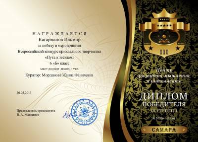 Диплом за третье место во Всероссийском конкурсе прикладного творчества "Путь к звездам"